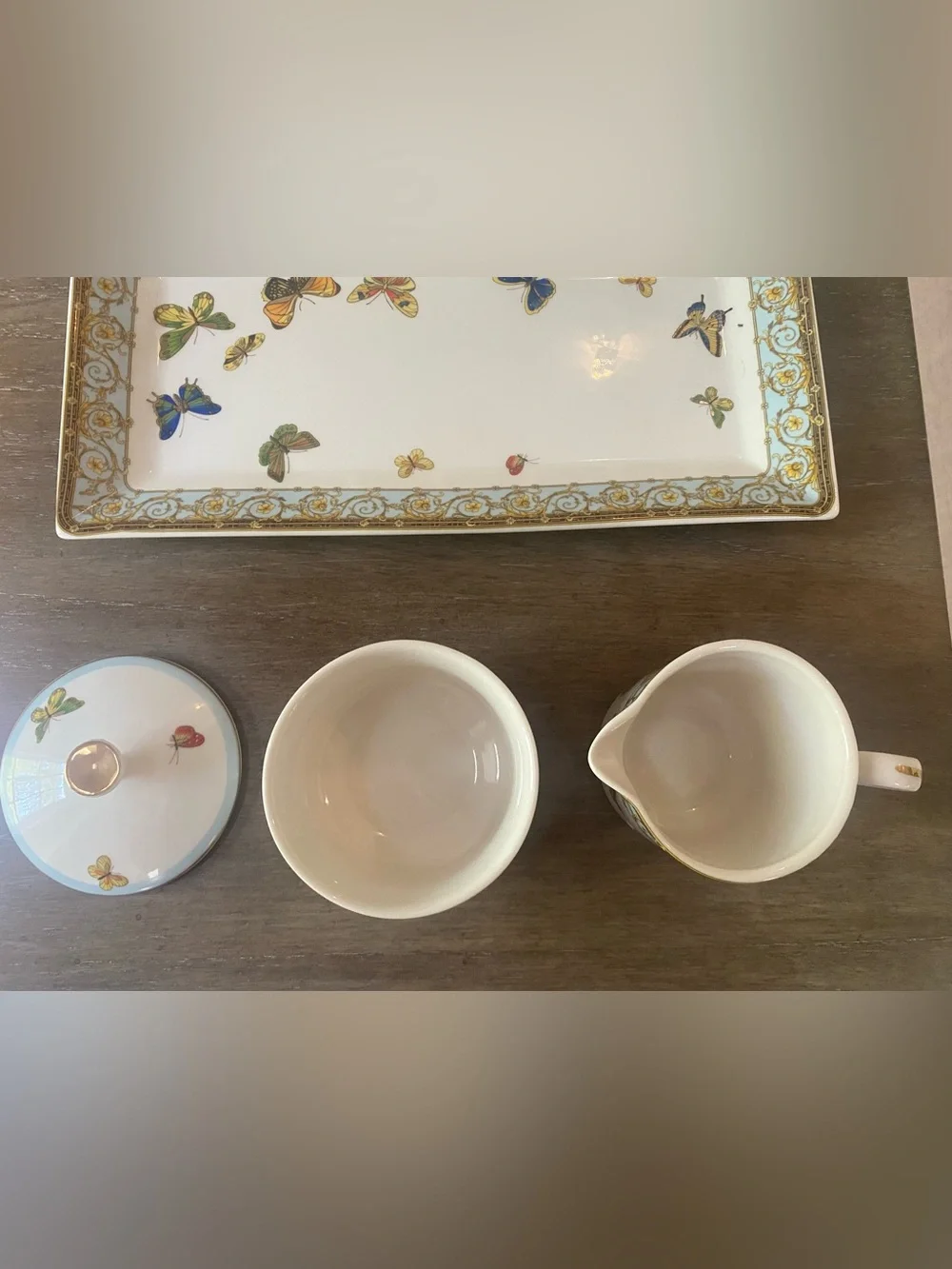 Grace's Teaware Butterflies with Blue Creamer Sugar Bowl Tray Set EUC!